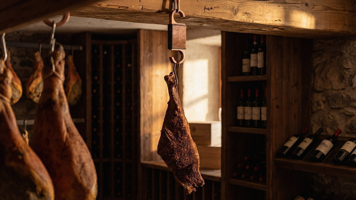 Prosciutto, jamón and ibérico ham hanging on a Meatdryer hook